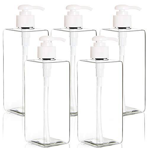 Youngever 5 Pack 16 Ounce Plastic Pump Bottles, Refillable Square Plastic Pump Bottles for Dispensing Lotions, Shampoos and More (Clear)