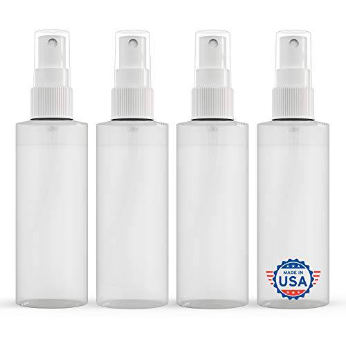【Made In USA】Plastic Spray Bottle Fine Mist 4 Oz (120ml) – Refillable, Reusable, Portable Sprayer, Travel Size, Leak Proof for Household Use, Essential Oil, Cleaning Solution and Perfume (4 Pack)
