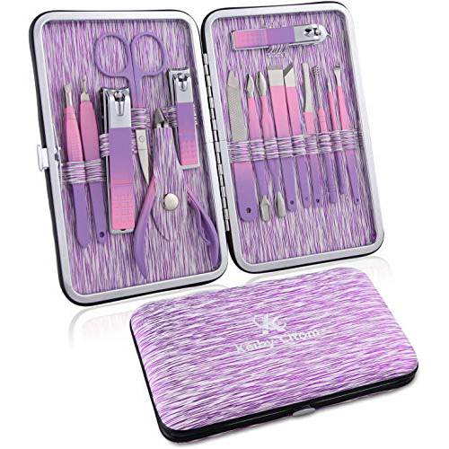 Manicure Set Professional Nail Clippers Kit -16Pcs Pedicure Care Tools Stainless Steel Women Grooming Kit for Travel or Home (Purple)