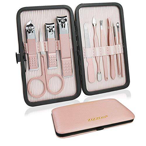 ZIZZON Travel Mini Manicure set Nail Clipper set 10 in 1 Stainless Steel Pedicure Care Grooming kit with Case Pink