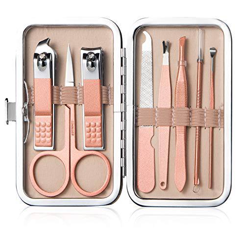 Manicure Set Nail Clippers Pedicure Kit Stainless Steel Toenail Clippers Kit, Men and women Professional Fingernails Grooming Kits, Nail Care Tools with Travel Case (Pink-8pcs)
