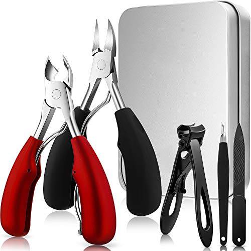 5 Pieces Nail Clipper Set Includes 2 Thick Toenail Clipper, Wide Nail Clipper, Cuticle Remover and Nail File, Toenail Manicure Tools for Men Thick Ingrown Nails