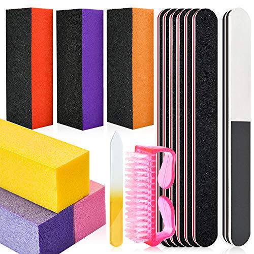 Nail Files and Buffers Kit, 100/180 Grit Emery Boards for Nails, Cube Nail Buffer Block for Acrylic Nails, Professional Manicure Tools with Glass Nail File/Smoother Buffer Block/Cleaner Brush (15Pcs)