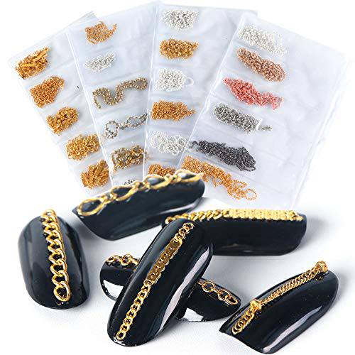 Nail Art Nail Chains Nail Supplies for Women 4 Packs of 24 Pieces Gold & Silver Metal Punk Pendant Nail Ornaments 3D Nails Supply Nail Art Chains DIY Design Decorations for Manicure Tips
