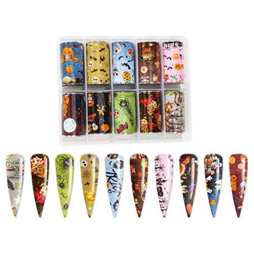 10 Rolls Halloween Nail Art Foil Transfer Stickers，CHANGAR Halloween Nail Foil Adhesive Stickers Manicure Transfer Tips DIY Decoration Kit for Halloween Party Include Pumpkin/Bat/Ghost/Witch/Skull