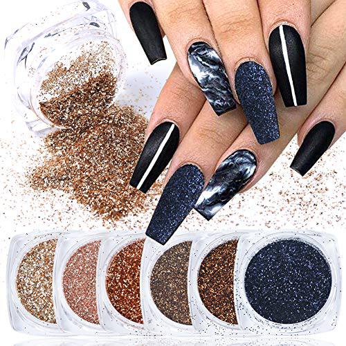 Holographic Nail Glitter Kits Mixed Rose Gold Holographic Nails Powder Nail Art Sequins Design for Women Manicure Gold Nail Glitter Tips Supply Charms Nails Decorations 6 Boxes