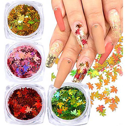 4 Colors Fall Nail Art Stickers Decals Decoration Thanksgiving Fall Maple Leaf Glitter Design Supplies 3D Laser Autumn Leaf Shape Flakes for Women Manicure Tips Decorate Accessories