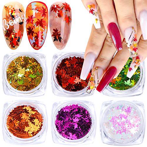 6 Colors 3D Maple Leaf Nail Glitter Sequins Fall Nail Art Stickers Holographic Maple Leaves Glitters Nail Decals Design Acrylic Nails Sparkle Glitter Flakes Supplies for Autumn Nail Art Decoration