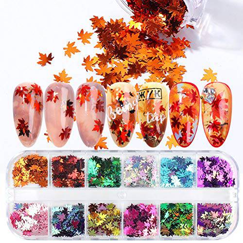 Fall Nail Art Decals Stickers Maple Leaf Nail Glitter Maple Leaf Nail Art Sequin Nail Art Supplies Fall Holographic Laser Nail Glitter 12 Grid Autumn Gradient Maple Leaf Nail Decal Sparkly Glitter Set