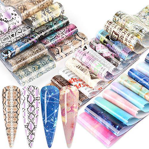 50 Designs Nail Art Foil Transfer Stickers Holographic Laser Nail Transfer Foils Set Butterfly Newspaper Lace Marble Serpentine Print Starry Sky Nail Decals for Nails Supply Nail Art Decorations