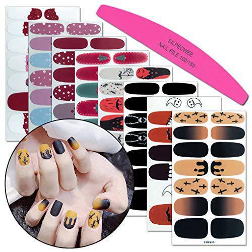 SILPECWEE 8 Sheets Nail Polish Strips Full Nail Wraps Halloween Christmas Self Adhesive Nail Polish Stickers for Women Nail Gel Strips Holiday Design Manicure Stickers with 1pc Nail File