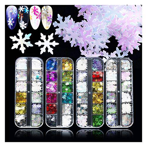 EBANKU 48 Color Holographic Snowflake Nail Sequins, Iridescent Snowflake Flake Nail Glitter Laser Sparkly Craft Glitter, New Year Gift for Women Girl (4 box/48 Grids)