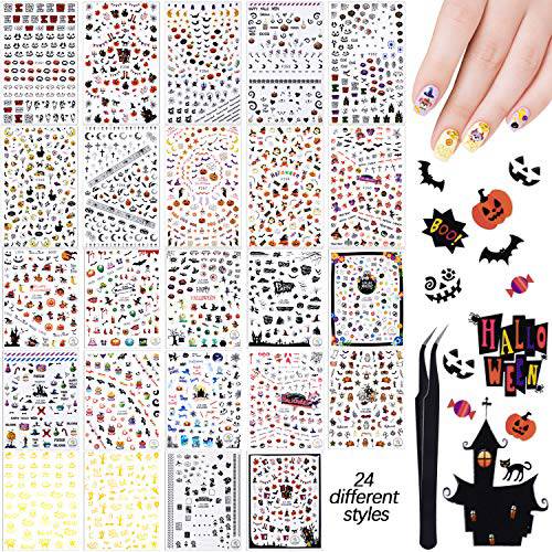 Above 2500 Pieces Halloween Nail Decals Stickers 3D Design Self Adhesive Nail Design Stickers Skull Pumpkin Bat Ghost Witch Spider Nail Stickers Nails Decorations Decals with Tweezers, 24 Sheets