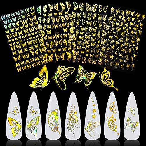 Holographic Butterfly Nail Art Sticker, KISSBUTY 4 Sheets Gold Butterfly Nail Decals Gummed Laser Butterflies Nail Adhesive Stickers Holographic Gold Butterfly Nail Art Decor Butterfly Manicure