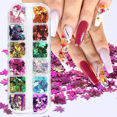 Maple Leaf Nail Art Glitter Sequins, Fall Nail Sticker Thanksgiving Nail Art Supplies 3D Laser Maple Leaf Nail Flakes Decals Sticker for Woman Girl Manicure DIY Decals Decoration