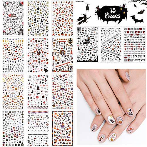 1500 Pieces Halloween Nail Decals Stickers, Self-Adhesive Nail Stickers, Pumpkin Bat Ghost Skull Nail Decal for Women Girls Halloween Party, 15 Sheets