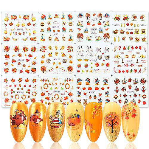 Macute Fall Nail Stickers Maple Leaf Nail Art Accessories Decals, 12 Sheets Water Transfer Autumn Leaves Turkey Pumpkin Design Sticker for Manicure Tips Decor Thanksgiving Halloween DIY Decorations