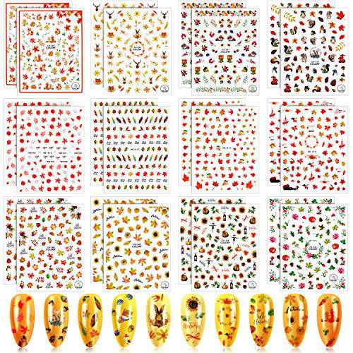 Above 1800 Pieces Thanksgivings Nail Decals Stickers Fall Nail Design Stickers Maple Leaves Pumpkin Autumn Nail Stickers 3D Self-Adhesive Nail Stickers for Women Girls DIY Nail Design Design, 24 Sheets
