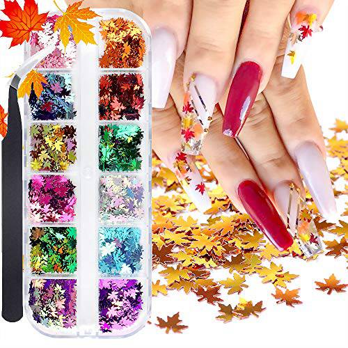 12 Colors Fall Leaves Nail Art Glitter Sequins with a Tweezers, 3D Flake Metallic Maple Leaf Shaped Gold Red Yellow Mixed Design Manicure Nails Supply Glitter Decorations…