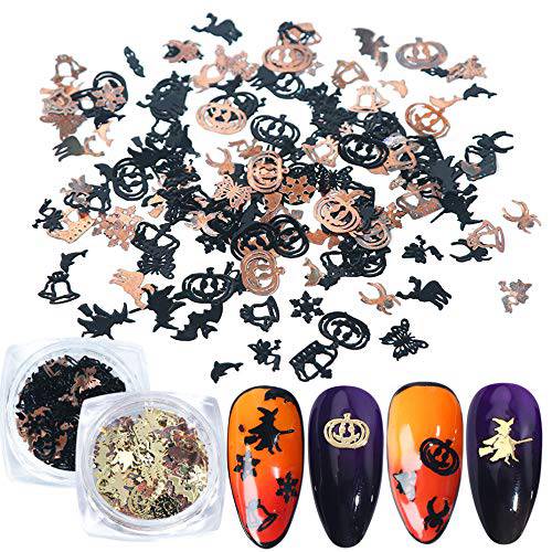 Macute Halloween Nail Art Glitters Gold Black Metal Decorations Nail Art Flakes Pumpkin Witch Spider Bat 3D Halloween Acrylic Manicure Sequins Holographic Face Body Confetti for Nail Art Tips Decor