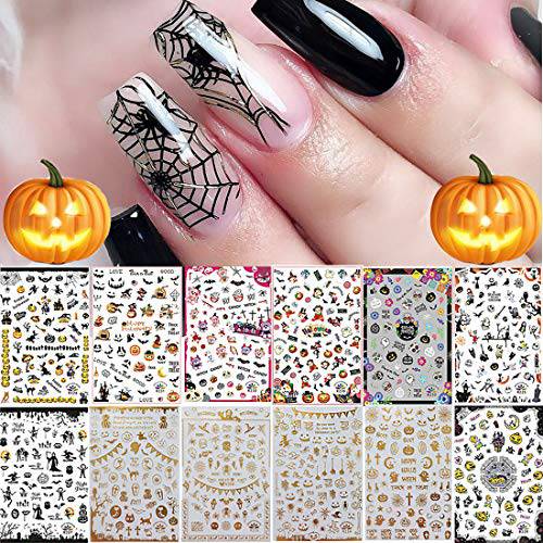 1500+ Patterns Halloween Nail Art Stickers Decals, Kalolary Self-Adhesive DIY Nail Sticker Decals 3D Design Nail Decorations for Halloween Party Include Pumpkin/Bat/Ghost/Witch(12 Sheets)