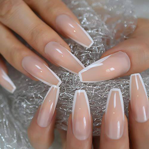 CoolNail Glossy White French Press on False Nails Extra Long Coffin Ballerina Shape UV Gel Nude Fingersnails Free Adhesive Tapes 24pcs