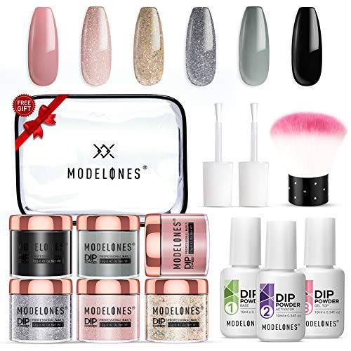 Modelones 6 Colors Dip Powder Nail Kit Starter, 12 Pcs Nude Pink Glitter Nail Dip Powder Kit System Essential Liquid Set with Base/Top Coat Activator for French Nail Art Manicure Beginner DIY Salon