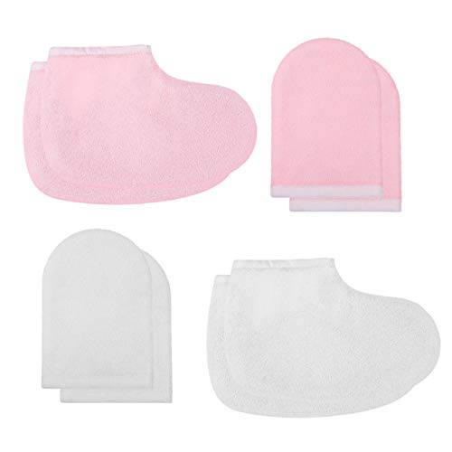 LEORX Paraffin Wax Gloves and Booties Set 4 Pairs Terry Cloth Mitts Booties Moisturizing Spa Accessories for Hand Foot Care (Pink and White)