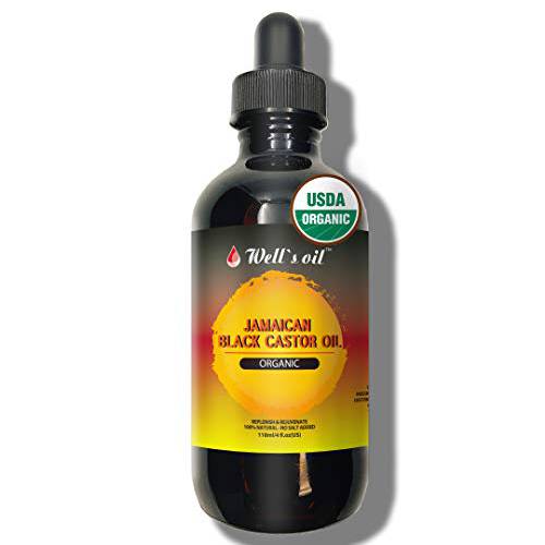 Well’s 100% Pure USDA Organic Jamaican Black Castor Oil, Cold Pressed, No Salt, Perfect for Hair, Eyelashes Growth, Treatment for Dry and Cracked Skin, Massage Oil, Skin Oil (4oz)