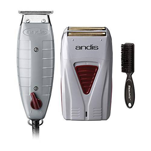 Andis Professional Finishing Combo, T-Outliner Beard/Hair Trimmer with T-Blade, Gray, Model GTO - Cordless Mens Lithium Battery Titanium Foil Shaver (17195) - Bundled with BeauWis Brush