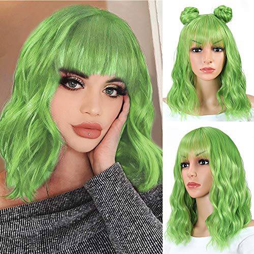 Green Wigs for Women Short Wavy Bob Wig with Bangs Shoulder Length Natural Wavy Synthetic Wig Short Fluffy Bob Curly Wigs Cosplay Party Costume Wigs（Mix Green 14 Inch）
