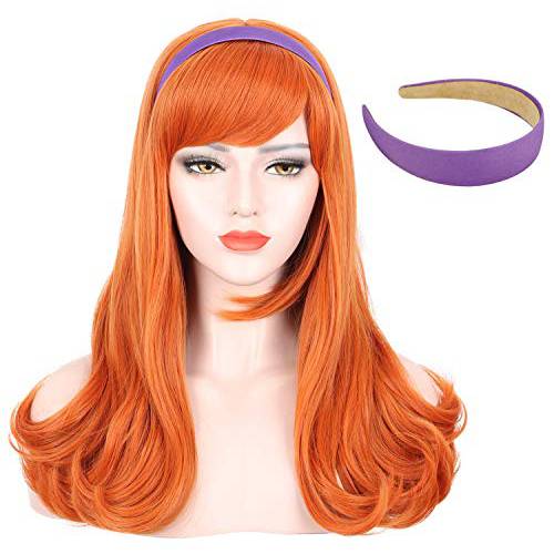 Karlery Adult Women Long Curly Orange Bangs Wig Halloween Cosplay Costume Party Wig (Free Purple Headband and Wig Cap)