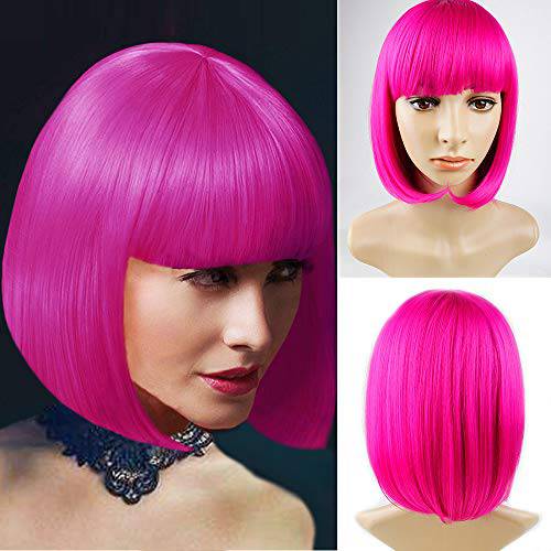 Hot Pink Bob Wig With Bangs 12 Inch Short Synthetic Fiber Bob Wigs for Women Short Bob Wigs and Halloween Cosplay Bob Wig With One Cap (Hot Pink)