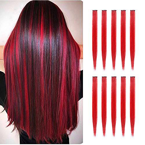 TOFAFA 22 inch Colored Hair Extensions straight Hairpiece, Multi-colors Party Highlights Clip in Synthetic Hair Extensions (10 PCS Red)