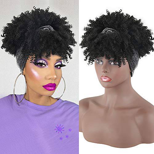 LEOSA Head-Wrap Wigs 2 in 1 Head Ponytail Wrap Short Silver Turban Wrap-Wig Updo Kinky Curly Afro Puff with Bangs Drawstring Ponytail Extension for Black Women (TURBAN WIG, Black)
