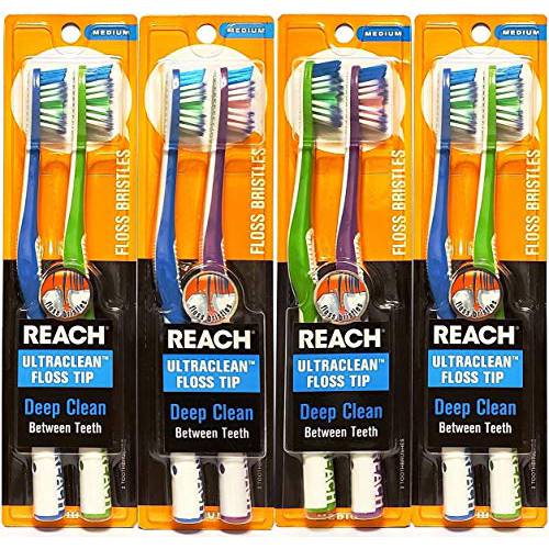 REACH Ultra-Clean Floss Tip Medium Toothbrush, Assorted Colors, 2 Count (Pack of 4) Total 8 Toothbrushes