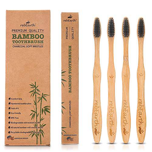 Bamboo Toothbrush I Soft Bristles Best for Sensitive Gums I Charcoal I Vegan I Natural Wood I BPA Fee I Recyclable I Compostable I Biodegradable | Environmentally Friendly | Pack Of 4 | American Brand