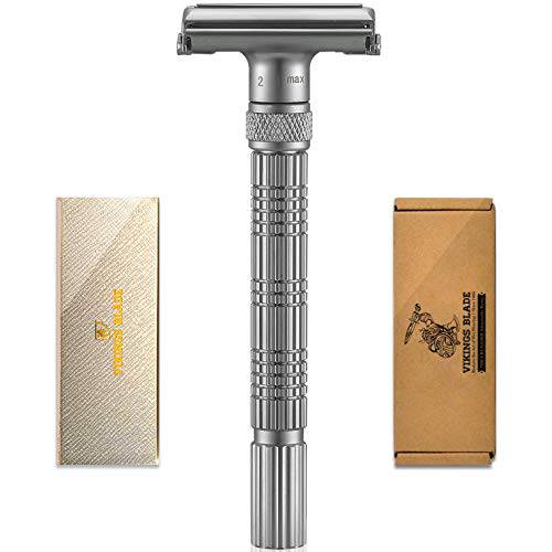Adjustable Double Edge Safety Razor, The Crusader by VIKINGS BLADE, Long Handle, Butterfly Twist-To-Open Head, Eco Friendly, Luxury Leatherette Case. Smooth, Close, Clean Shaving (Frosted Chrome)