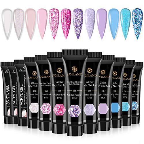 Saviland Poly Gel Nail Kit 12 Colors -15g Poly Gel Nail Extension Gel Builder Nail Gel Poly Nail Enhancement Manicure Set for Professional and Starter