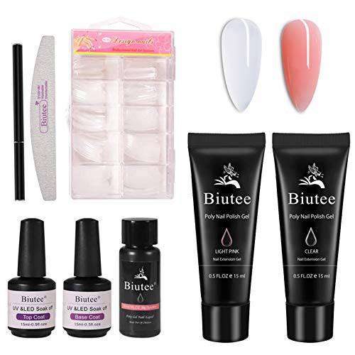 Poly Nail Extension Gel Kit, Nail Builder Gel for Quick Nail Starter Kit with Slip Solution, All-in-One French Manicure Set for Nail Enhancement Crystal Clear Poly Nail Extension Gel Kit
