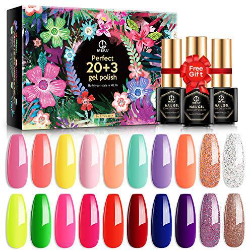 MEFA Neon Gel Nail Polish Set, 20 Colors Hot Pink Green Coral Orange Soak Off Colorful Rainbow with No Wipe Glossy & Matte Top and Base Coat, For Starter Nail Art Kit Salon Design Manicure with Gift Box