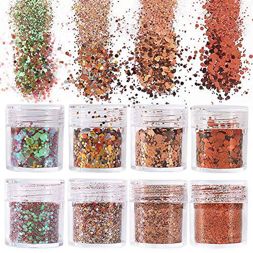 besharppin 8 Boxes Glitters Sequins, Chunky and Fine Glitter Mixed for Halloween Body Face Hair Makeup Nail Art Crafts (Copper)