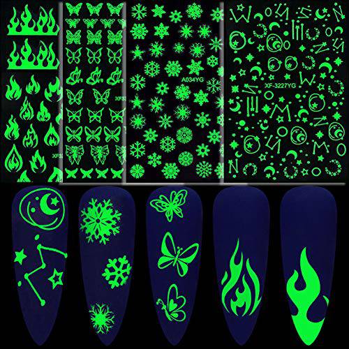 Night Glow Luminous Nail Stickers for Nail Arts 3D Self Adhesive Nail Stickers Decals Glow in Dark Fire Flame Snow Star Butterfly Designs Nail Supplies Halloween Nail Decorations for Women (5 Sheets)