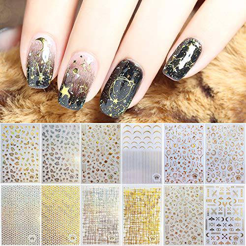 TOROKOM 12 Sheets Metallic Self-Adhesive Nail Stickers for Women, 3D Metallic Star Moon Leaf Line Nail Design Stickers Decals Manicure Fingernail Decorations Gift for Women Girls