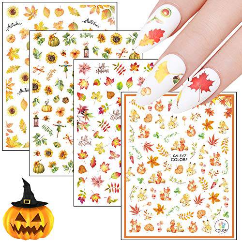 4 Sheets Fall Nail Art Stickers 3D Maple Leaf Nail Decals Autumn Nail Art Accessories Self-Adhesive Pumpkin Maple Leaves Nails Design Supply Manicure Tips Charms Thanksgiving Party Decoration