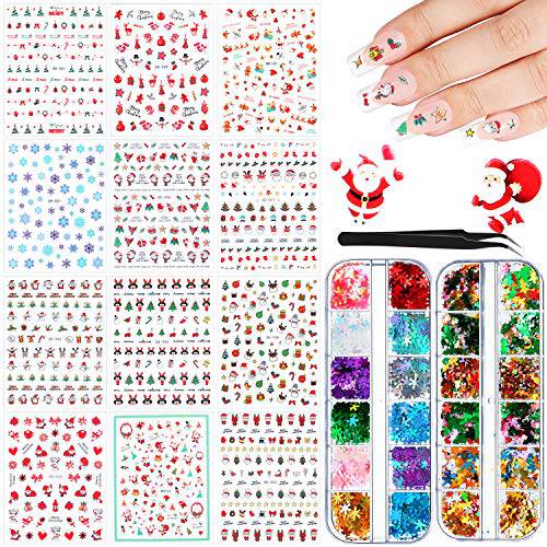 12 Sheets Christmas Nail Design Sticker Decals and 24 Boxes Christmas Nail Flakes Nail Sequins Heart Shape Star Snowflake Christmas Tree Laser Sequins with Tweezers for DIY Face Body Makeup Decorations