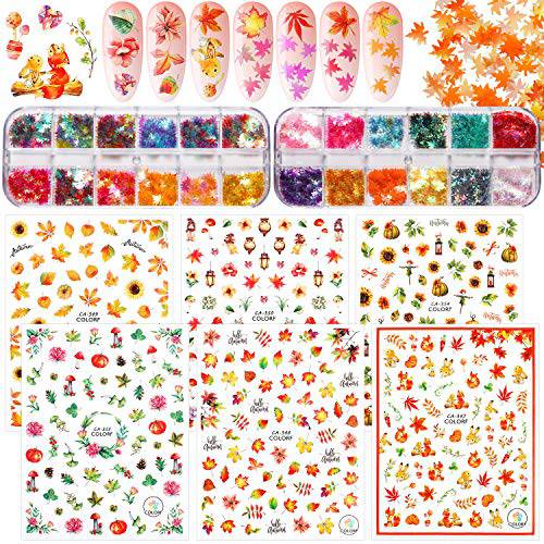 24 Colors Maple Leaf Nail Sequins 6 Sheets Fall Nail Stickers Autumn Nail Stickers Fall Leaf Glitter Nail Sequins for DIY Nail Design Tips Face Body Eye Festival Halloween Thanksgiving Party Decorations