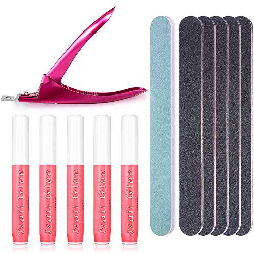 12 Pieces Nail Glue Kit Includes 5 Pieces Acrylic Nail Glue Extension Tips Glue, 1 Piece False Nail Clipper Cutter, 1 Piece Nail File Buffer and 5 Black Double Sided Emery Board Manicure Tool Set