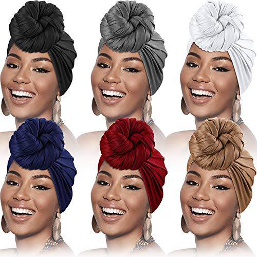 6 Pieces Head Wrap Scarf Turban Long Hair Scarf Wrap Soft Stretch Headwrap Solid Color Turban Tie Headband for Women Girls Favors (Black, White, Gray, Blue, Red, Light Brown)
