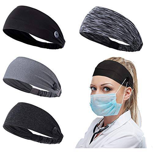 Women Headband with Buttons for Face Masks and Covers Unisex Elastic Hair Band for Nurses Doctors and Ears Protection (1- 4 color)